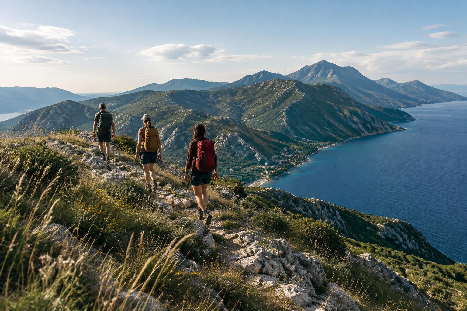 Πεζοπόροι σε μονοπάτι με θέα το ελληνικό ορεινό και παράκτιο τοπίο